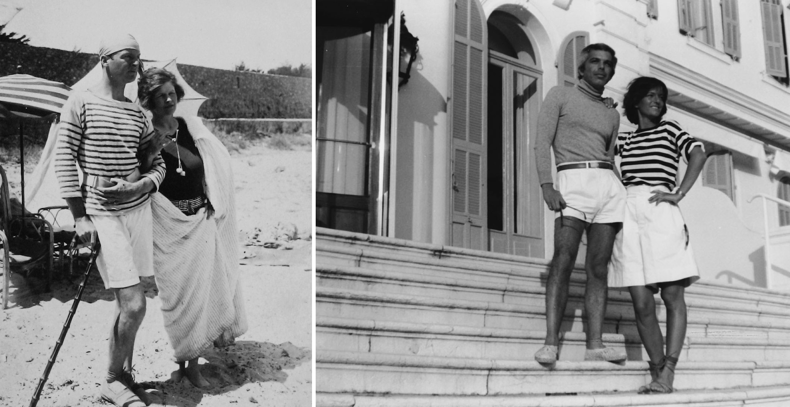 Gerald and Sara Murphy at Cap d’Antibes beach, 1923; Ralph Lauren and Buffy Birrittella channeling Sara and Gerald on the steps of the Hotel du Cap-Eden-Roc in 1977