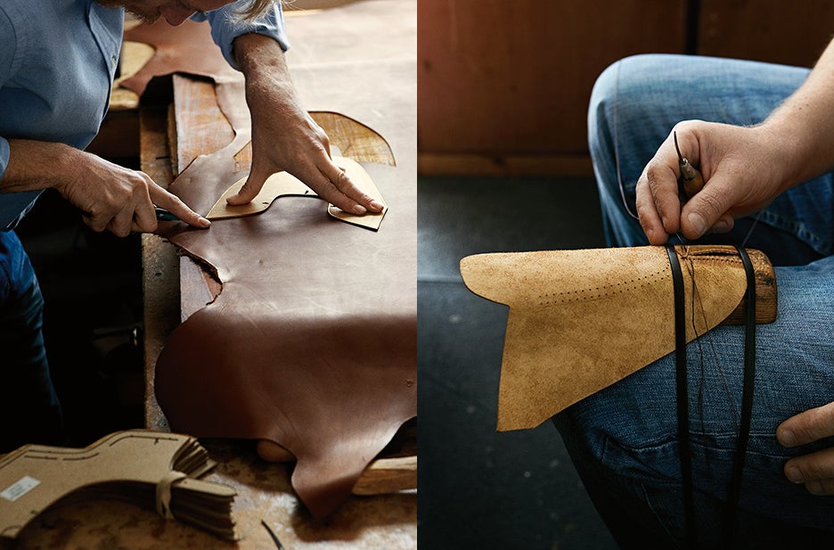 Un artigiano taglia il modello, attraverso un processo conosciuto come “clicking”, per il caratteristico suono prodotto dalle lame all'impatto con il bordo in ottone utilizzato per effettuare il taglio. Cucitura di una scarpa, utilizzando un filo unito a una setola di cinghiale