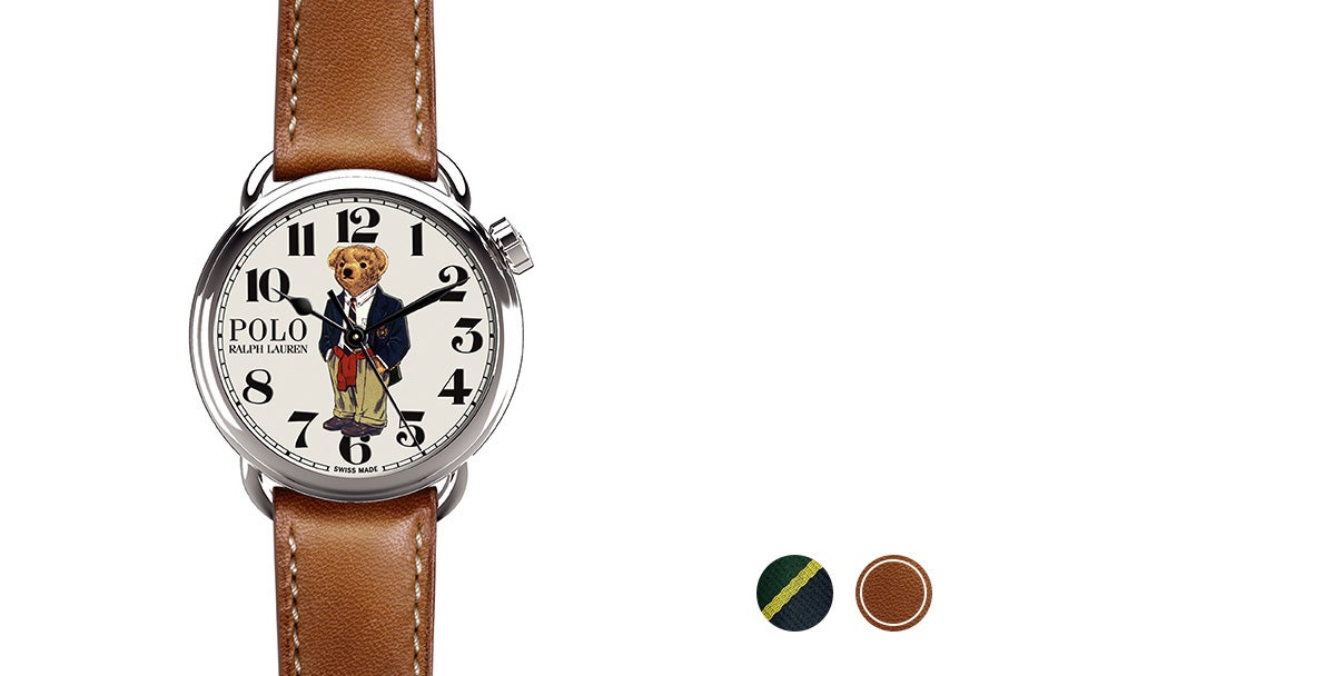 Watch with grosgrain, necktie-inspired strap & printed bear in blazer