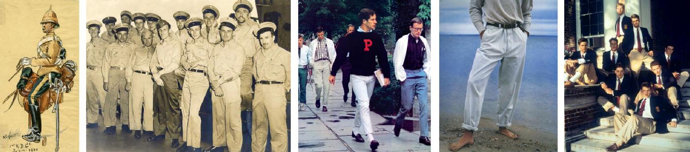                             Da sinistra a destra: le truppe britanniche in India iniziarono a indossare uniformi kaki nel XIX secolo; uomini della Guardia costiera statunitense negli anni ’40; studenti di Princeton immortalati nel celebre libro fotografico di Teruyoshi Hayashida del 1965, <em>Take Ivy</em>; un’immagine della campagna Polo Ralph Lauren Primavera 1991; Brendan Fraser, Ben Affleck, Matt Damon e altri interpreti del film <em>Scuola d’onore</em> del 1992 indossano caratteristici pantaloni kaki 