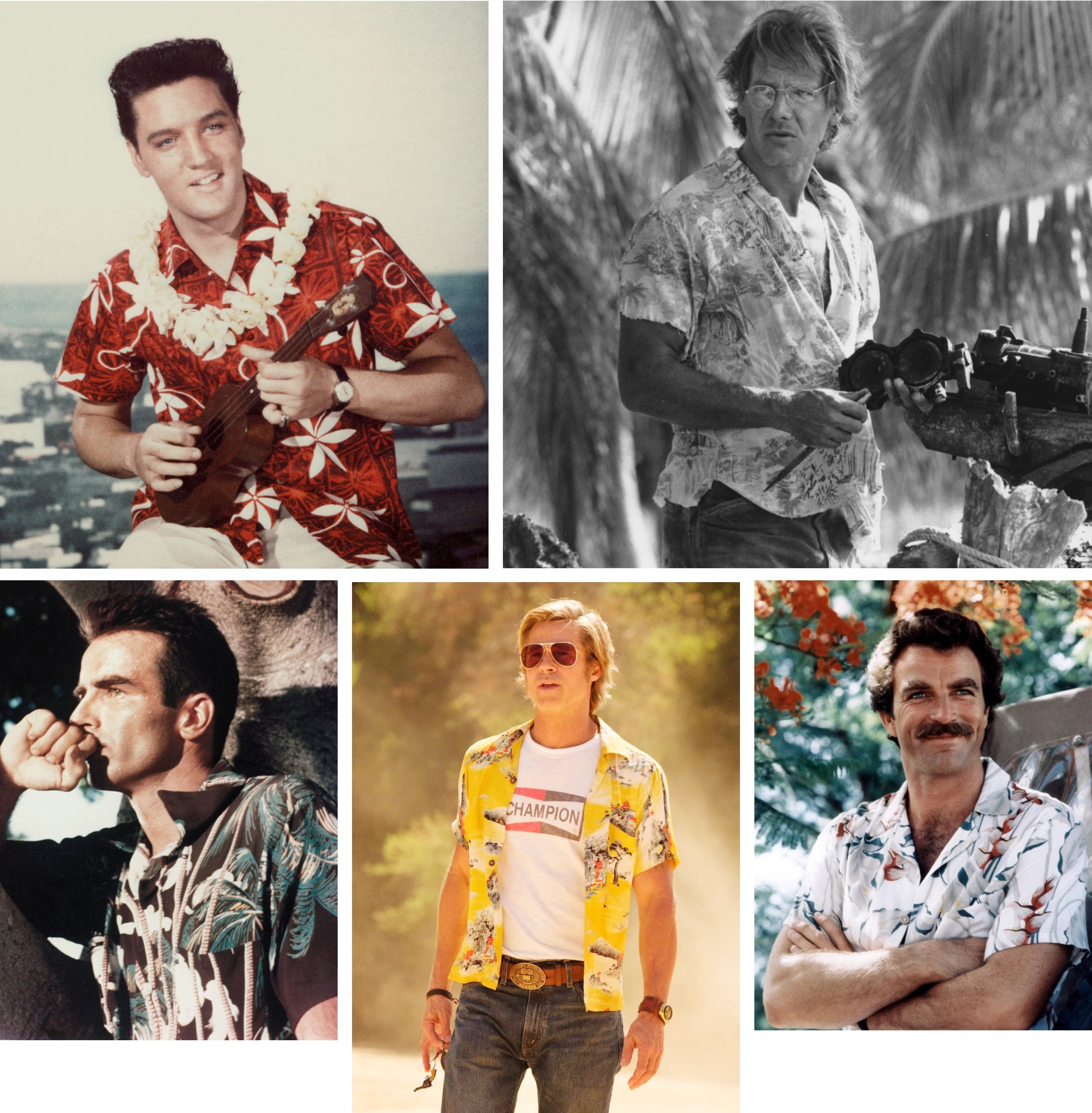       <strong>LIBERT&Agrave; DI STAMPA</strong><br />      <span        >Da sinistra in alto, Elvis con l&rsquo;ukulele; Harrison Ford in        <em>Mosquito Coast</em>; Tom Selleck nel ruolo di Magnum PI; Brad Pitt        in <em>C&rsquo;era una volta a Hollywood</em>; e Montgomery Clift in        <em>Da qui all&rsquo;eternit&agrave;.</em></span      >    