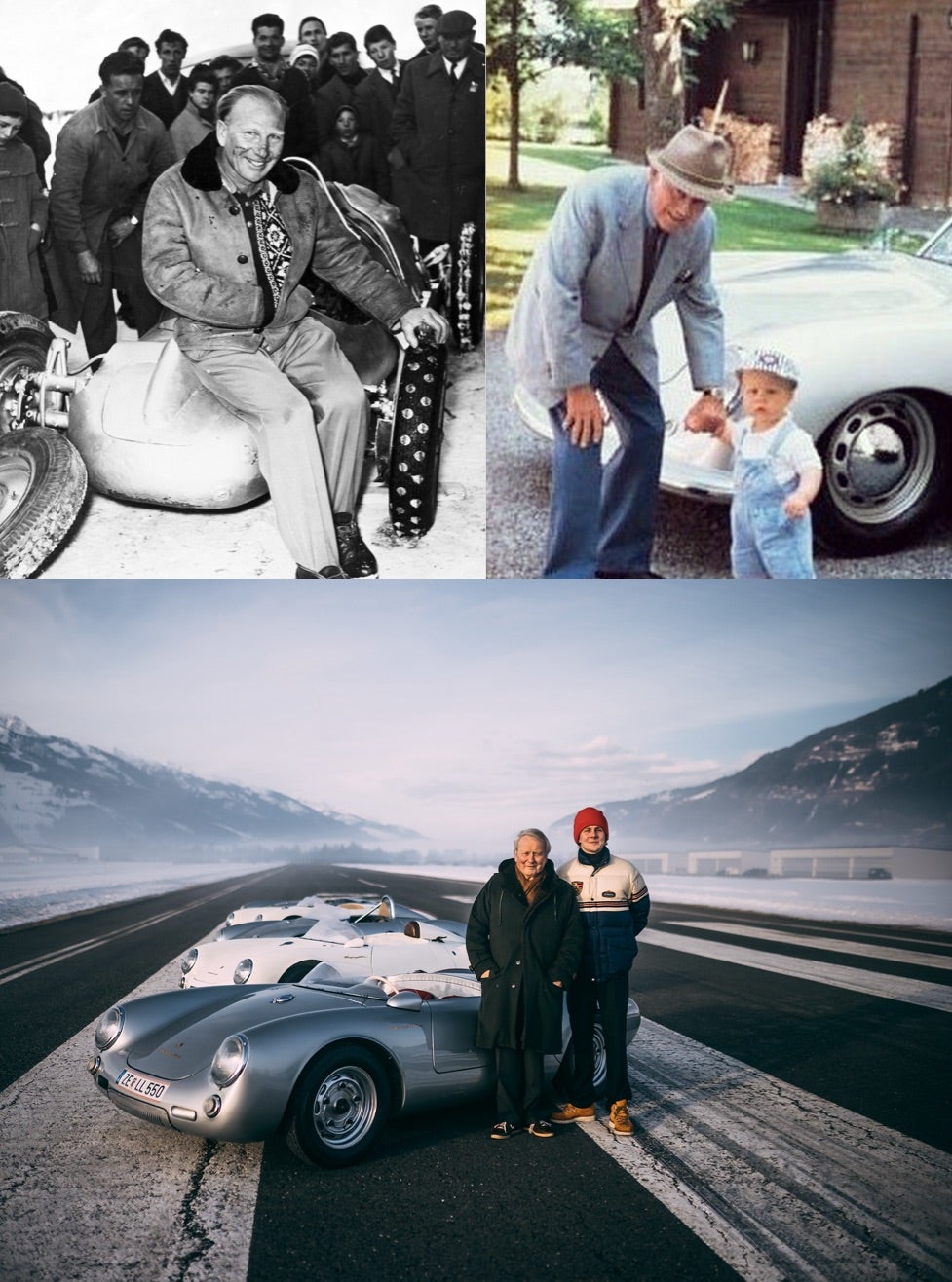 <span>(Top Left) The original Ice Races were held in Zell am See in honor of Ferdi&rsquo;s great-grandfather, Professor Ferdinand Porsche. Here, Porsche race car driver Otto Math&eacute;, who won the Ice Race five times, is pictured with his self-constructed car, the Fetzenflieger, or &ldquo;Tatter Flinger,&rdquo; named for the trail of flaming tatters it would leave in its wake </span><br/><br/><span>(Top Right) Three-year-old Ferdi and his grandfather, Ferry Porsche, stand in front of the first car his grandfather ever produced under his own name </span><br/><span class="caption-sub"><em>Photo credit: Susanne Porsche</em></span><br/><br/> <span>(Bottom) Ferdi (right) with his father, Dr. Wolfgang Porsche (left), at the 2021 Ice Race, a row of the classic Porsche 550 Spyders behind them </span><br/><span class="caption-sub"><em>Photo credit: Stephan Bauer </em> </span><br/>