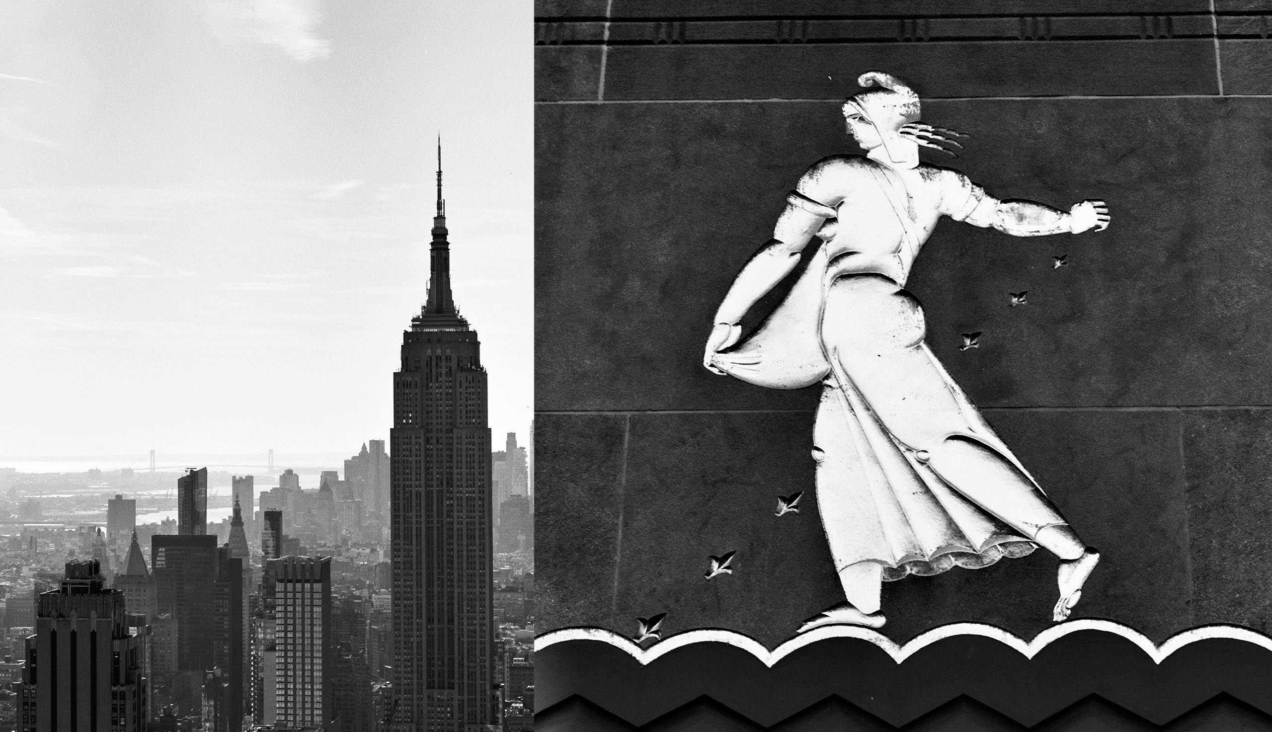 <span>A sinistra: l’Empire State Building. </span><span lang="IT">A destra: un rilievo Art Déco al Rockefeller Center</span>