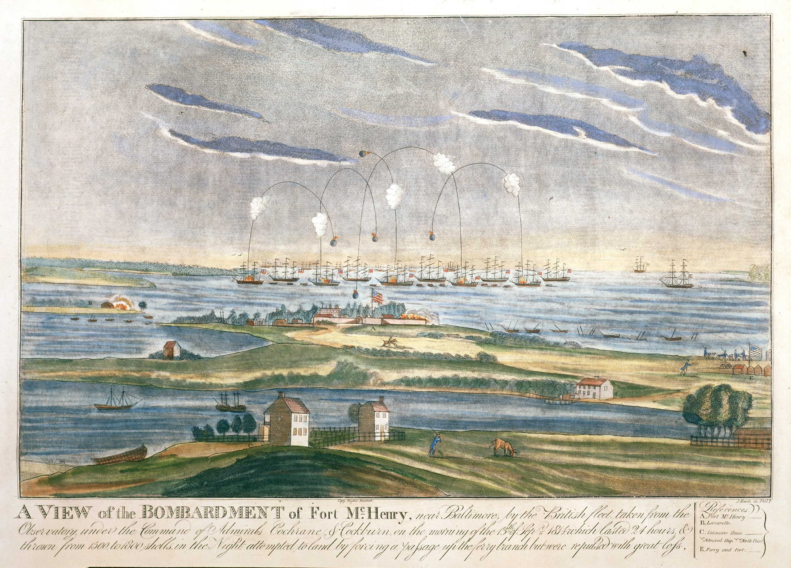 Artist John Bower’s iconic painting “A View of the Bombardment of Fort McHenry” was finished in 1814 and depicts the flag still flying during the battle between US and British forces on September 13 of that same year