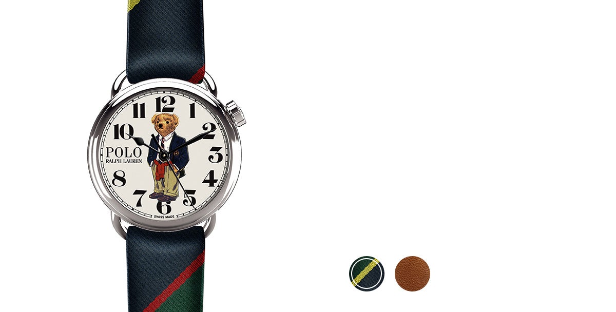 Watch with grosgrain, necktie-inspired strap & printed bear in blazer