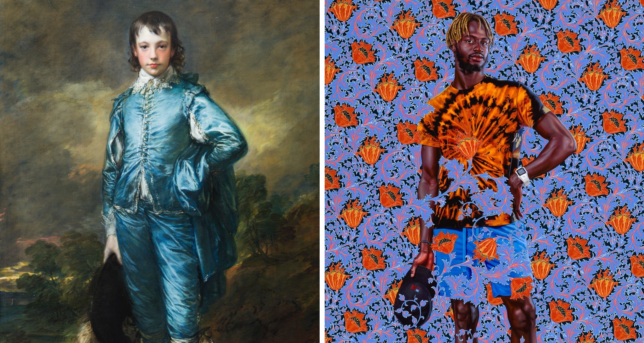 <em>The Blue Boy</em> di Thomas Gainsborough, circa 1770; <em>A Portrait of a Young Gentleman</em> di Kehinde Wiley, 2021 