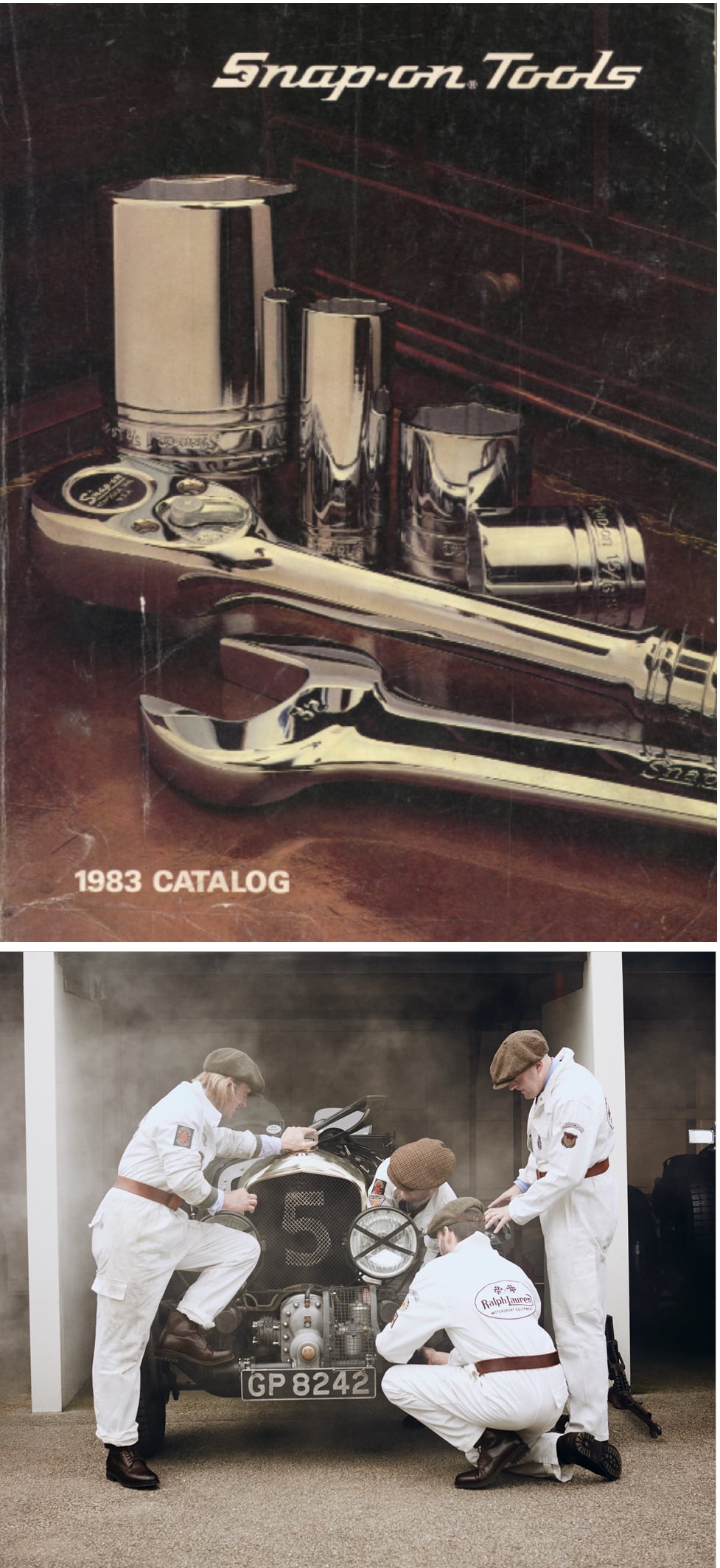 <strong>SERVIZIO SU MISURA</strong><br/><span>La copertina di un catalogo di Snap-on, azienda di utensileria meccanica con sede a Kenosha, nel Wisconsin, punto di riferimento del settore, rinomata per la sua storia nella produzione di strumenti eccezionalmente durevoli e belli anche da vedere; un team di meccanici effettua un controllo </span>