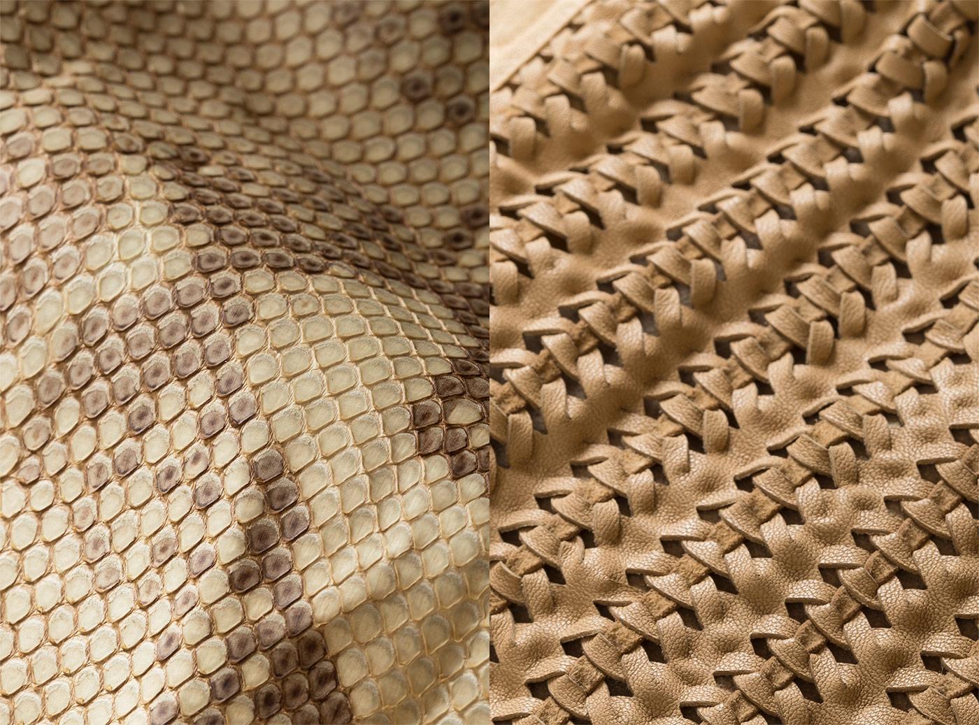 I jodhpur Ashton e molti altri modelli sono realizzati in pelle di pitone trattata con un complesso processo di tintura, lavaggio, ceratura e piegatura. Ispirato a una rete da pesca, il gilet Tracy coniuga agnello tagliato e strisce di camoscio, creando un look intrecciato dal fascino leggero