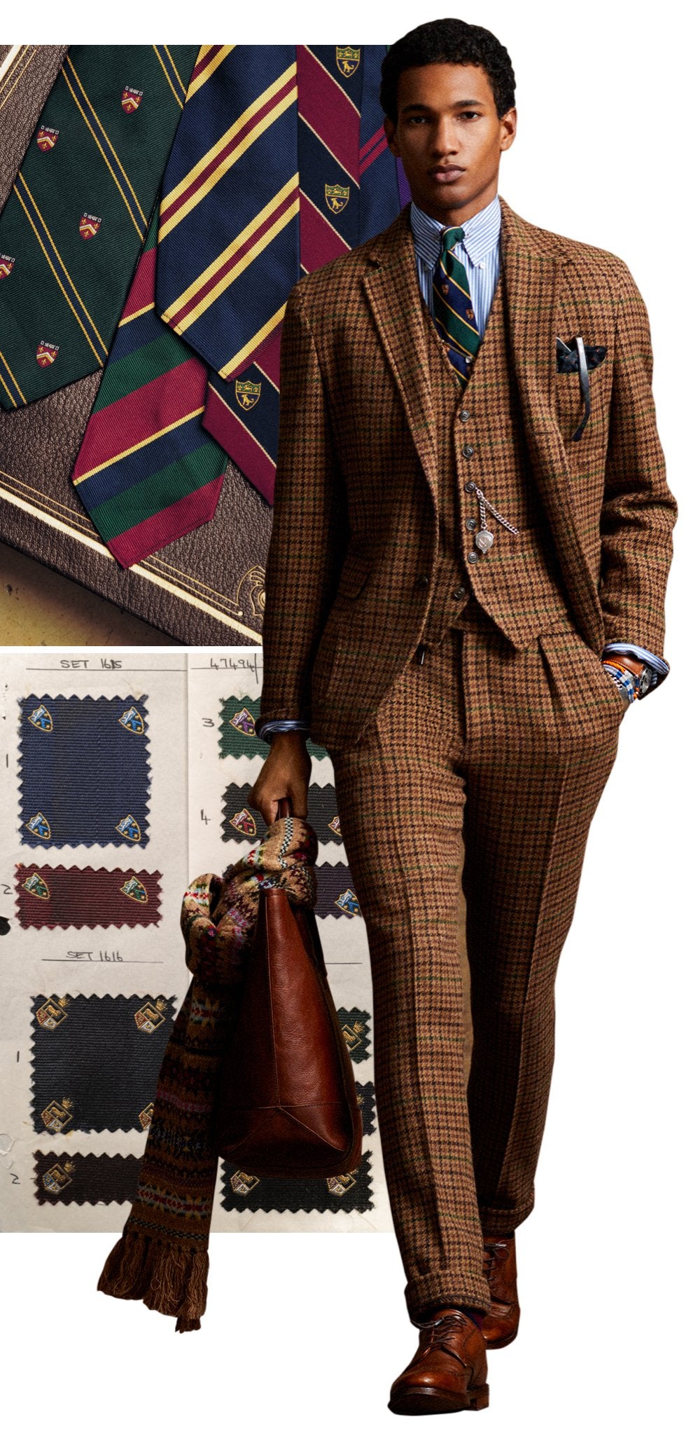 <strong>A TUTTO REPS</strong><br/><span>L&rsquo;autore con una tazza di Ralph&rsquo;s Coffee; una selezione di cravatte reps con motivi a righe e araldici; un look della collezione Polo Originals di questa stagione; campioni di tessuto provenienti da una manifattura inglese che realizza le cravatte reps Polo da molti anni</span>
