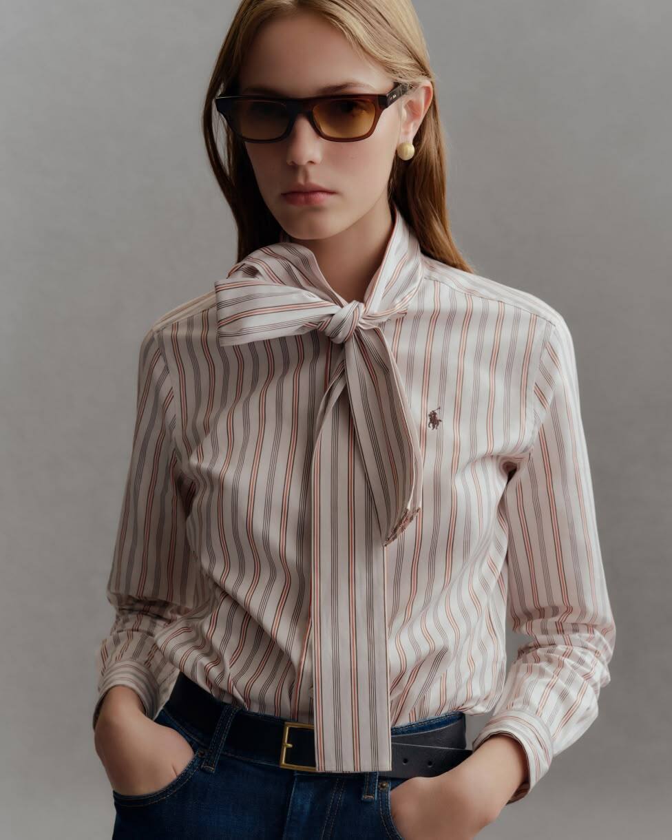 Slim Fit Striped Cotton Tie-Neck Shirt