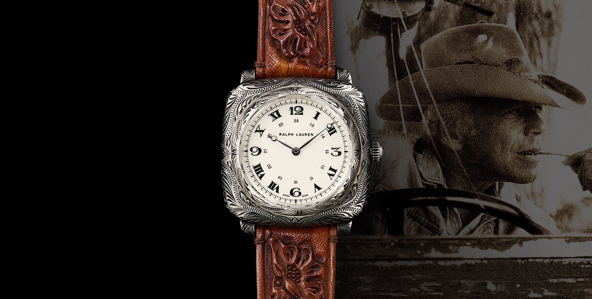 Watch with intricate engraving & hand-tooled leather strap