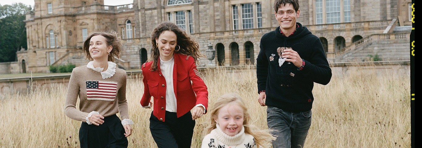Women, girl & man running in field in winter Polo styles