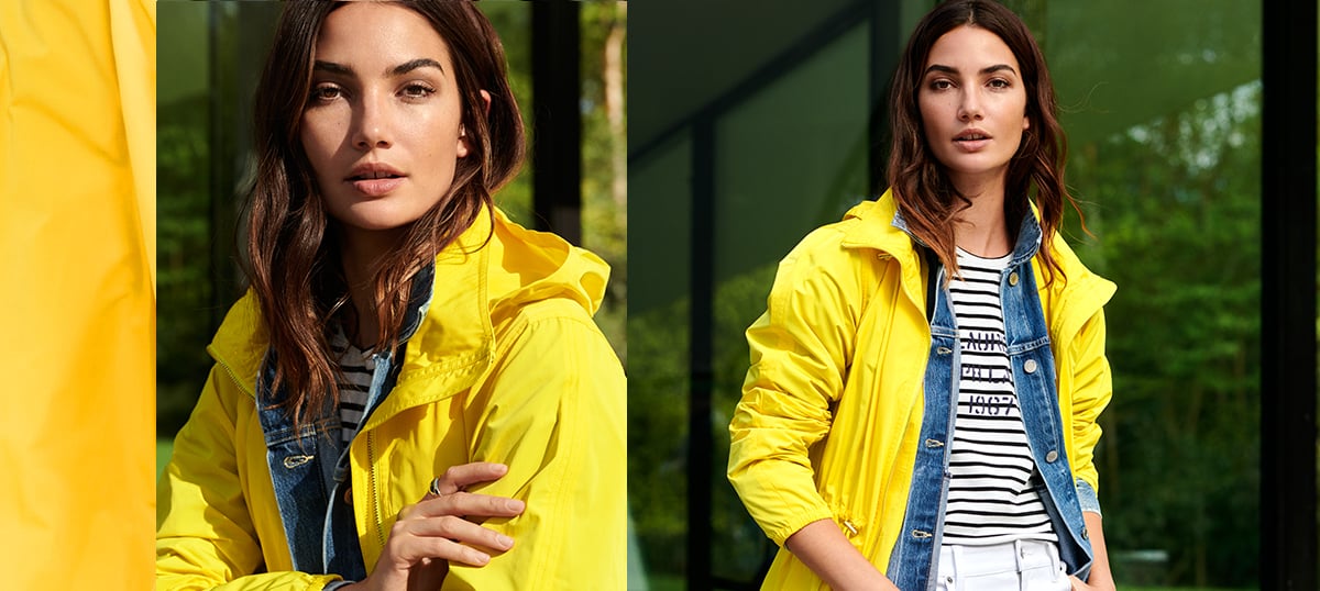 Woman in yellow hooded jacket with elasticized cuffs